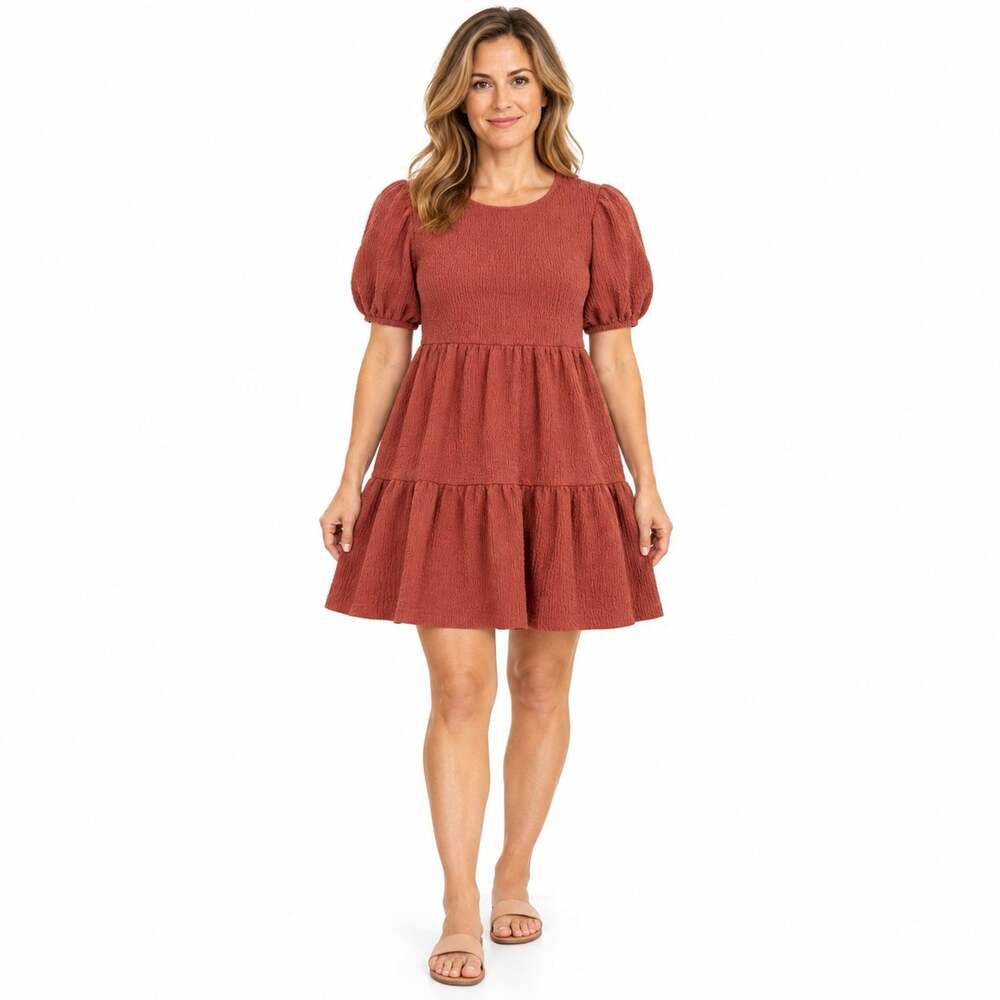 Crystal Doll Terra Cotta Tiered Babydoll Mini Dress Size M Cottagecore